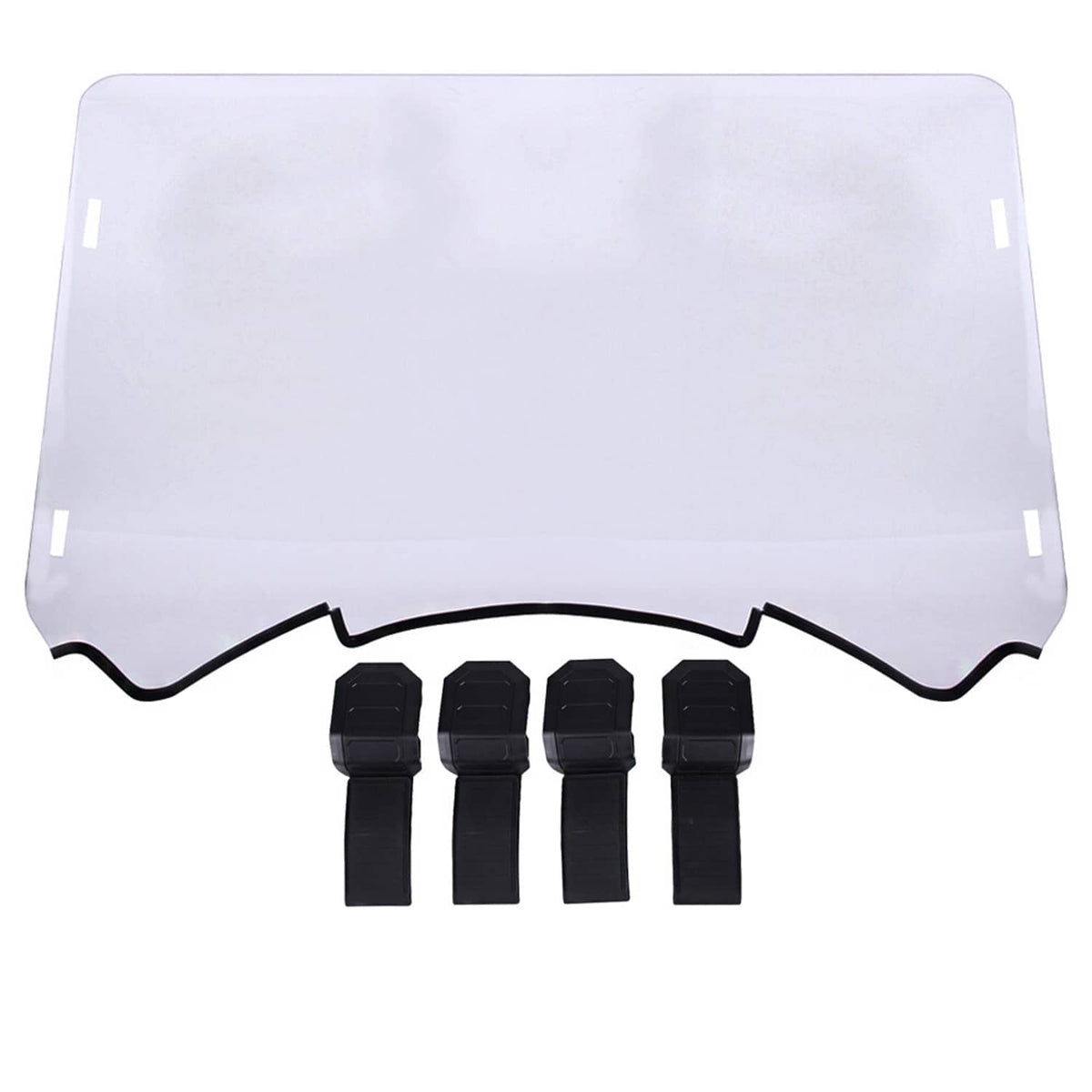 Clear windscreen panel with black lower cutout and four mounting straps