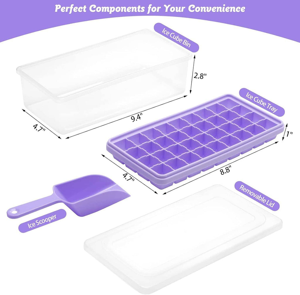 Silicone ice cube tray with removable lid, storage bin, and purple ice scoop
