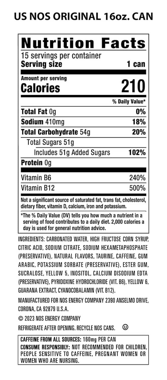 Nutrition Facts panel for energy drink can, including calories and ingredients list