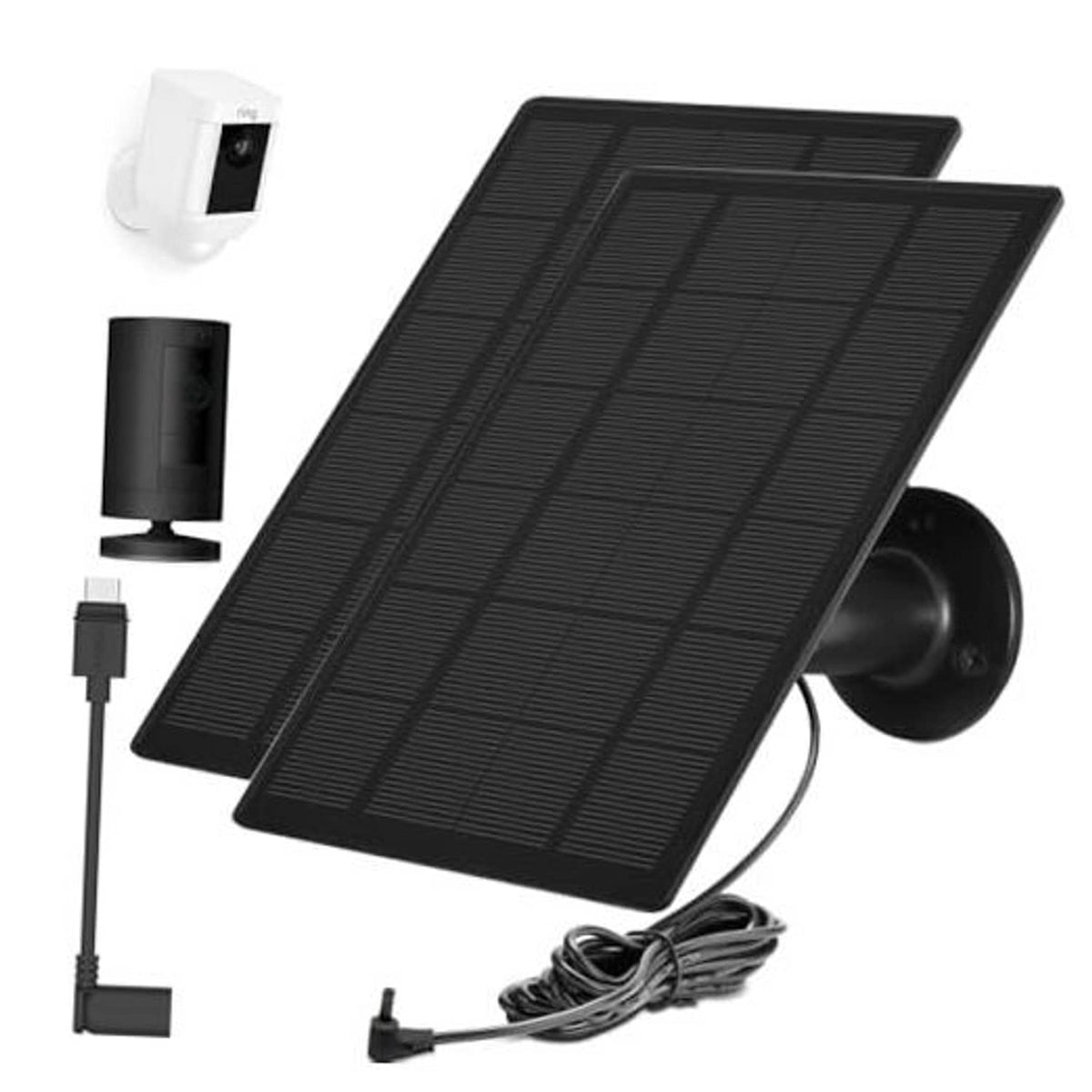Solar panel for Ring camera system with black panel, mounting bracket, and cable set