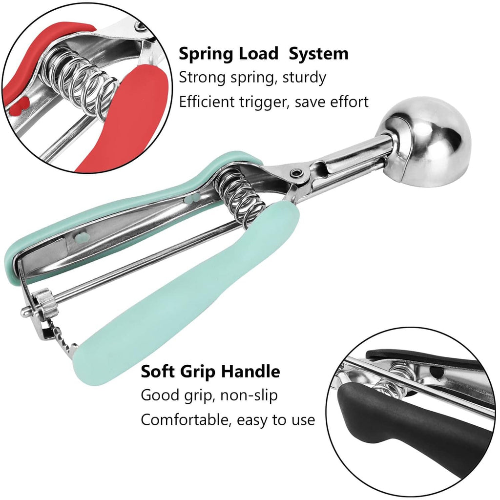 Stainless cookie scoop with mint soft-grip handle and spring-loaded mechanism
