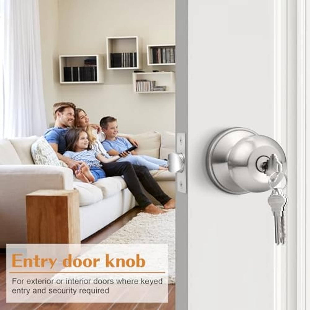 Brushed nickel keyed entry door knob with key, mounted on door
