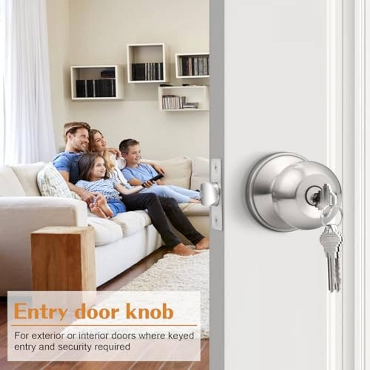 Brushed nickel keyed entry door knob with key, mounted on door