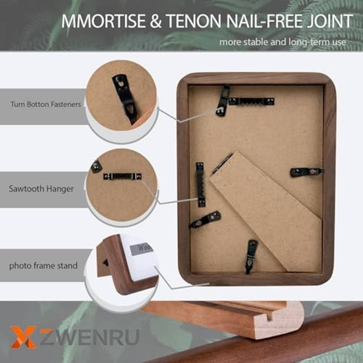 Walnut wood picture frame back with sawtooth hangers and corner clips