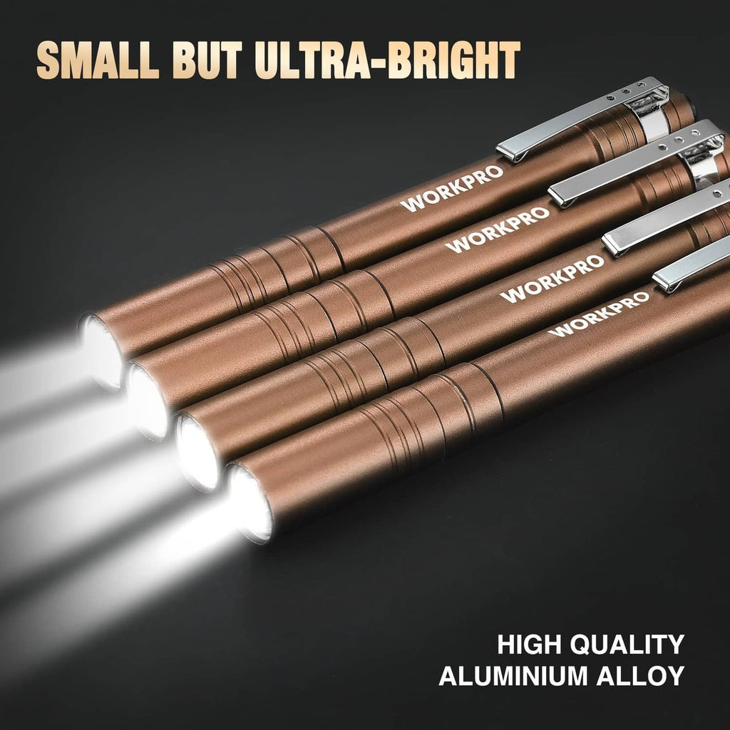 WORKPRO brown aluminum LED pen light with ribbed grip and bright LED head.