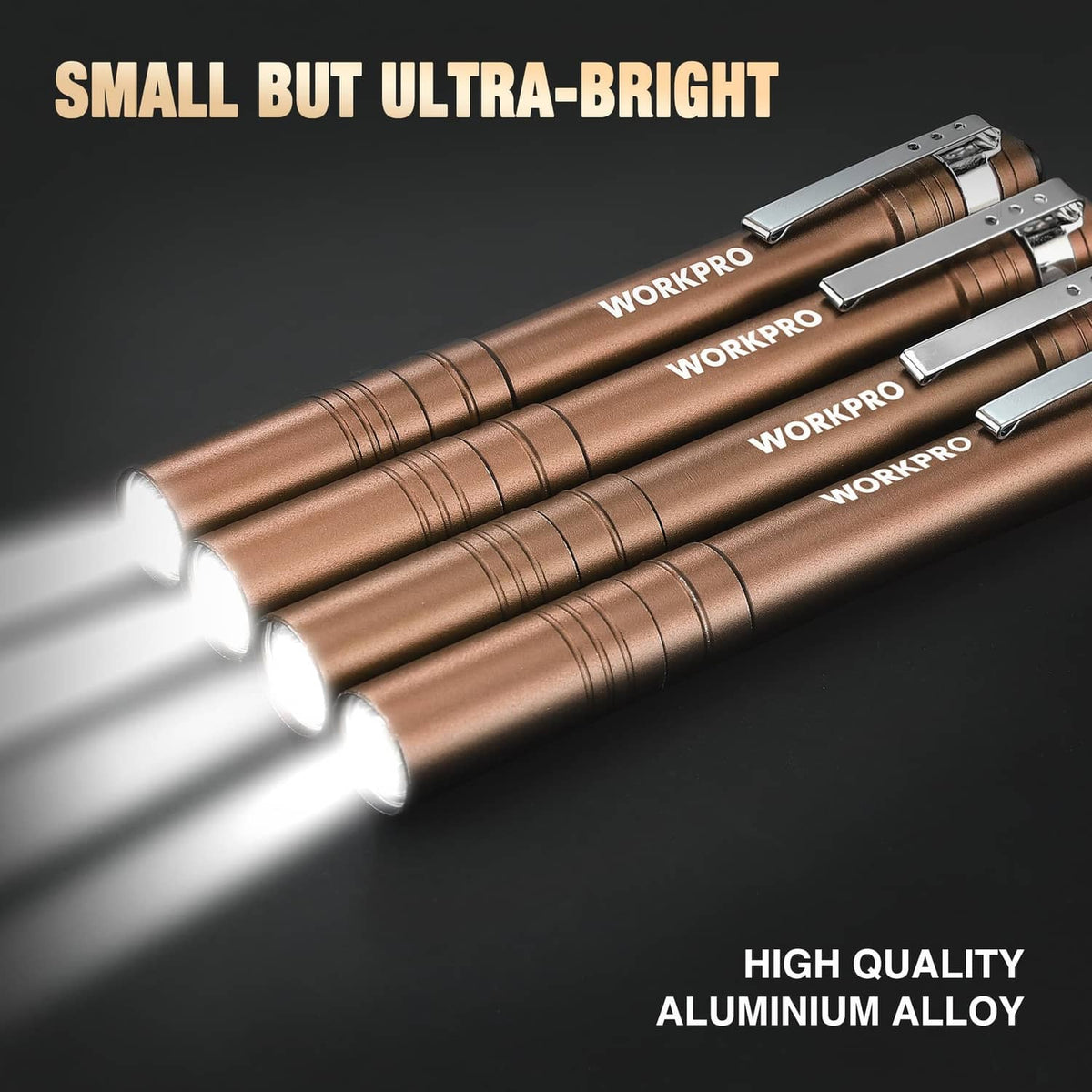 WORKPRO brown aluminum LED pen light with ribbed grip and bright LED head.