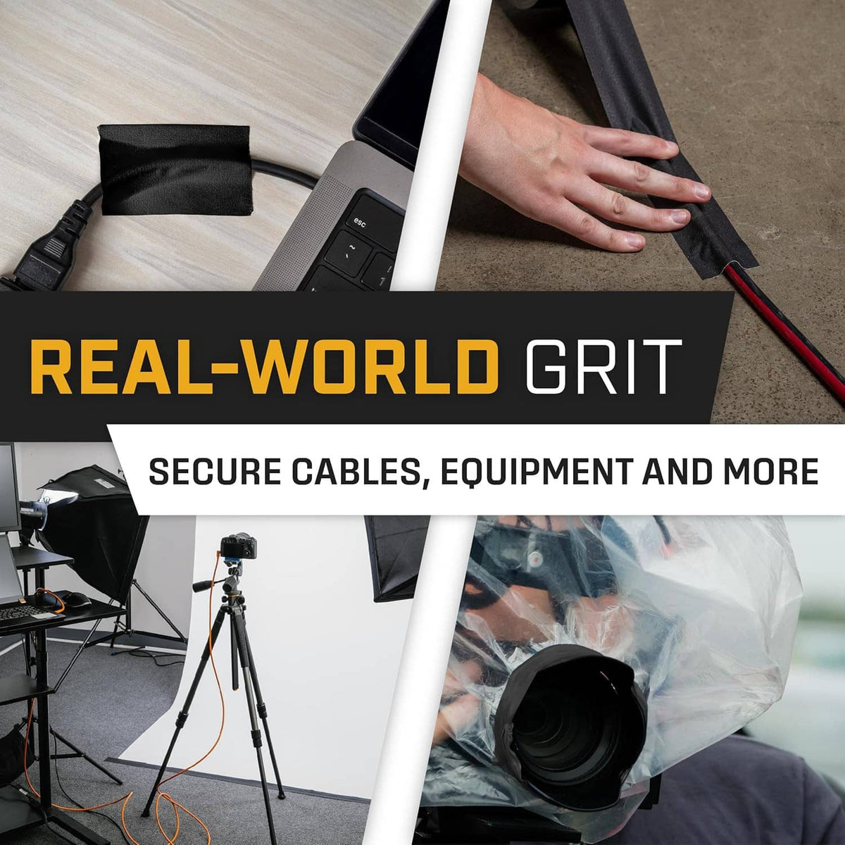 Black gaffer tape strips securing cables on a floor, matte finish