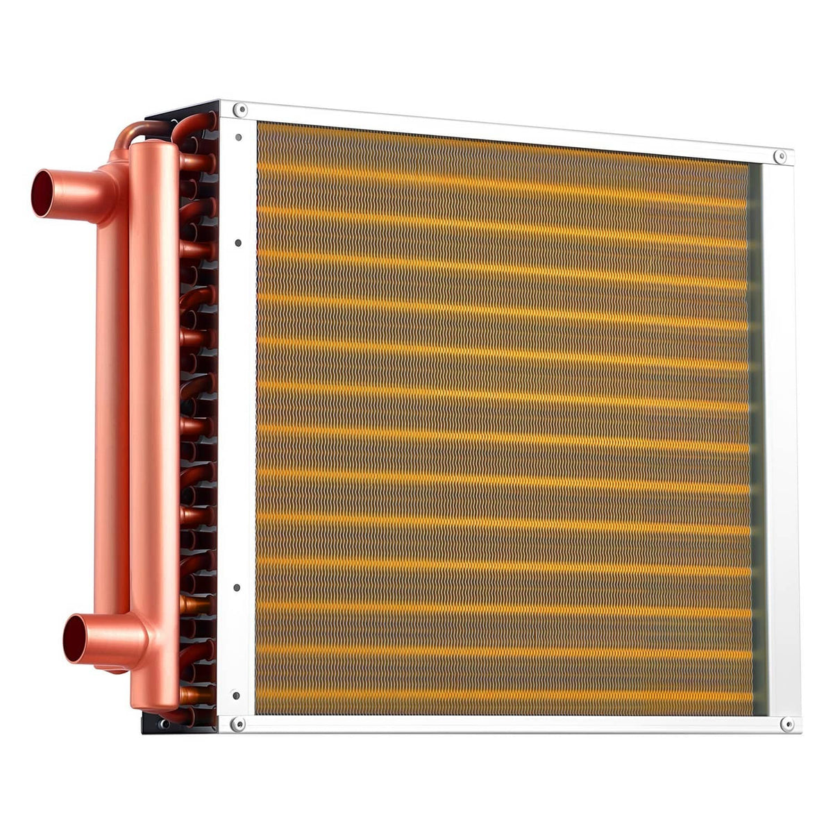 HVAC water-to-air heat exchanger coil with copper pipe headers and aluminum fin core