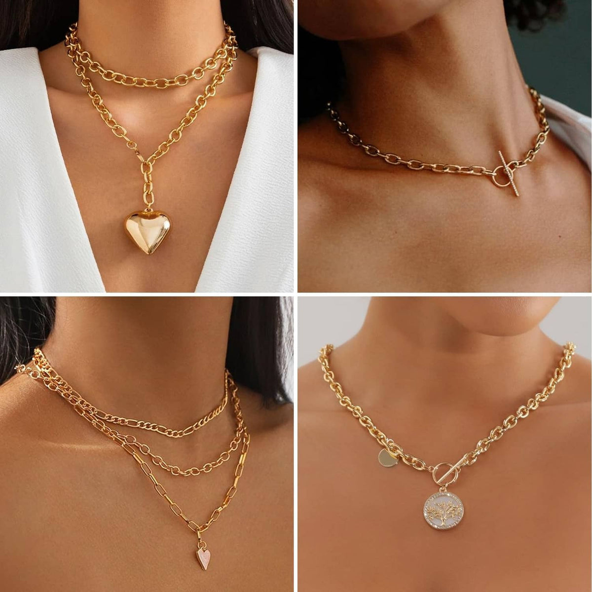 Gold rolo cable chain necklace with layered oval links and pendant charms on model