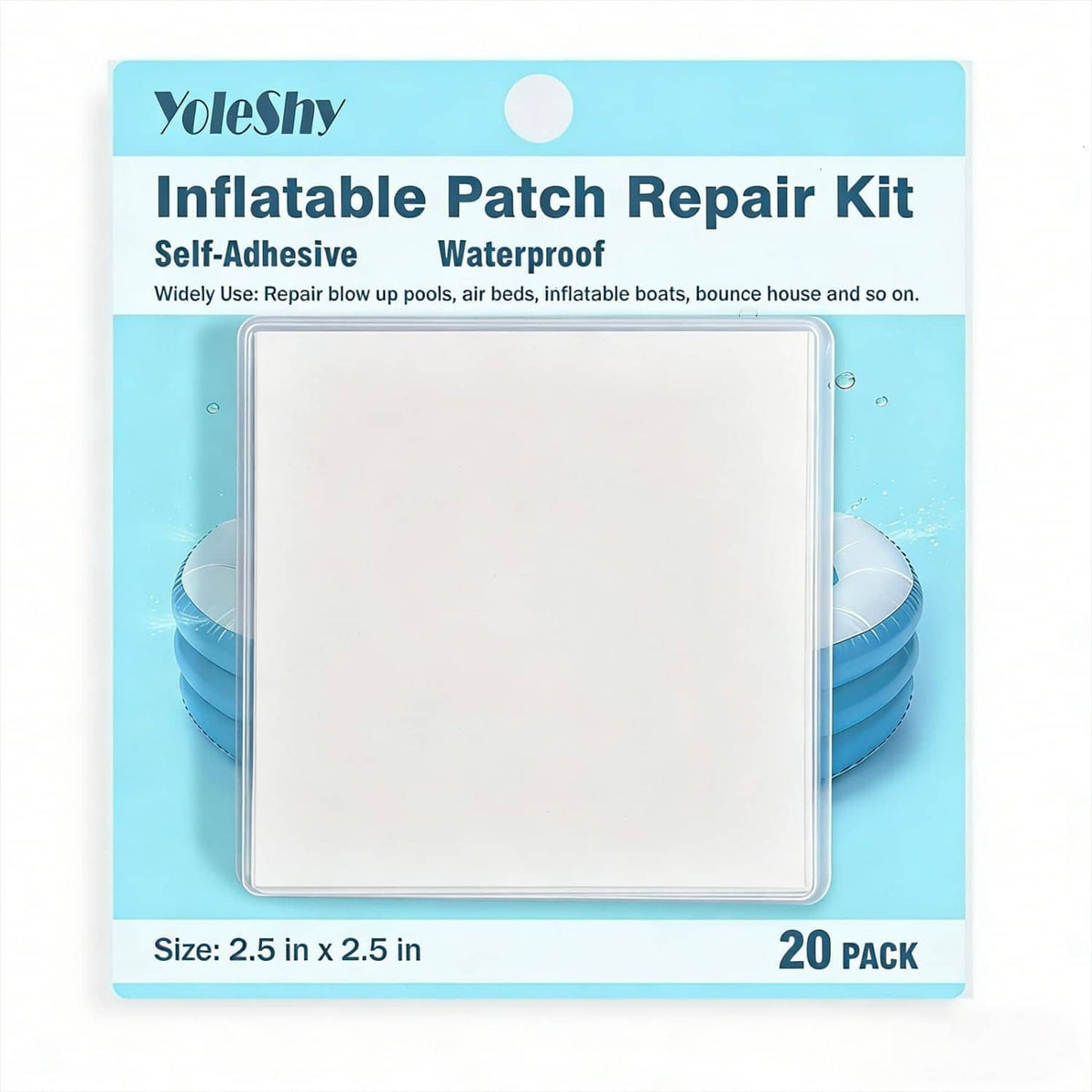 Transparent self-adhesive waterproof patch repair kit box, 20 patches (2.5 x 2.5 in).