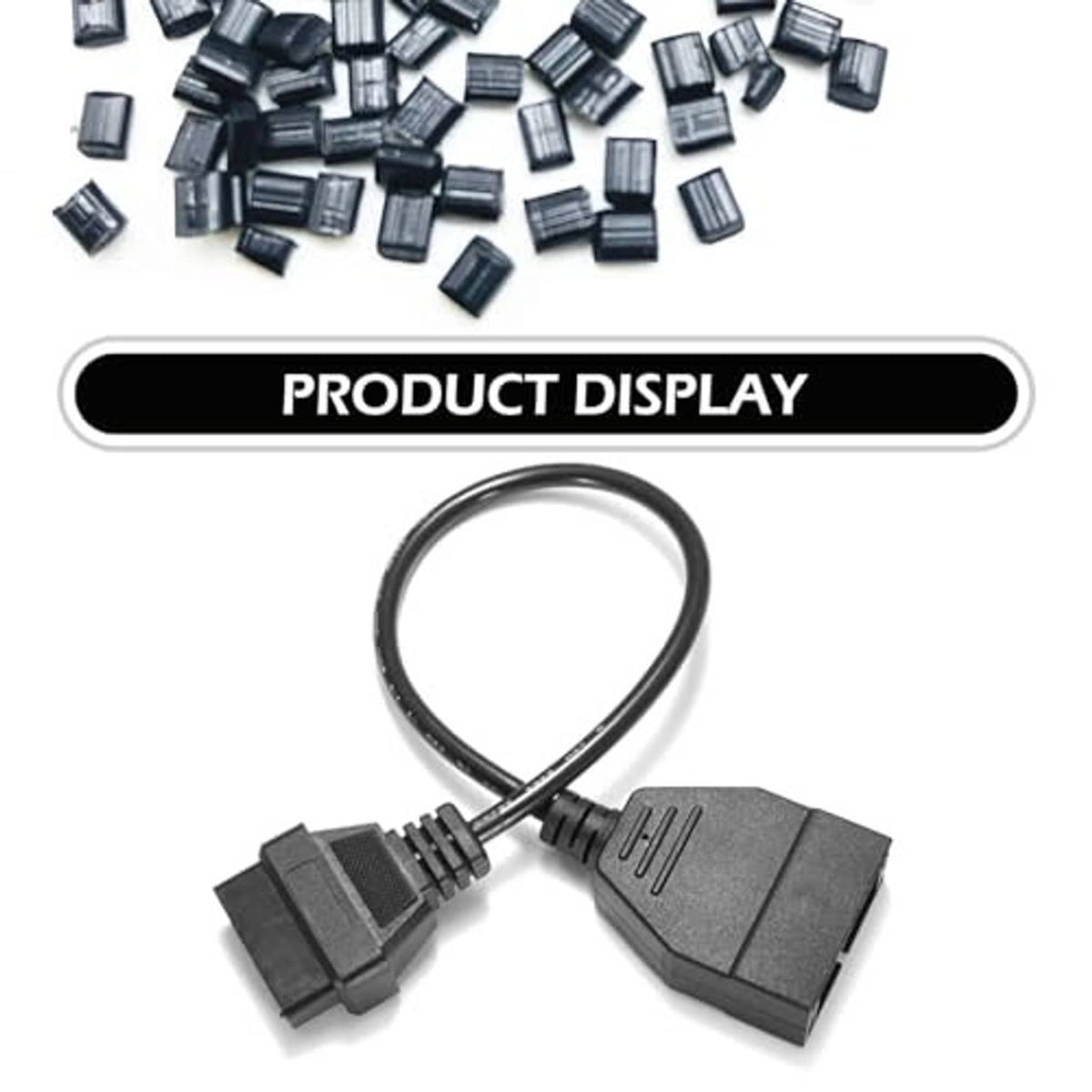 OBD adapter cable, coiled black cord connecting 12-pin plug to 16-pin plug