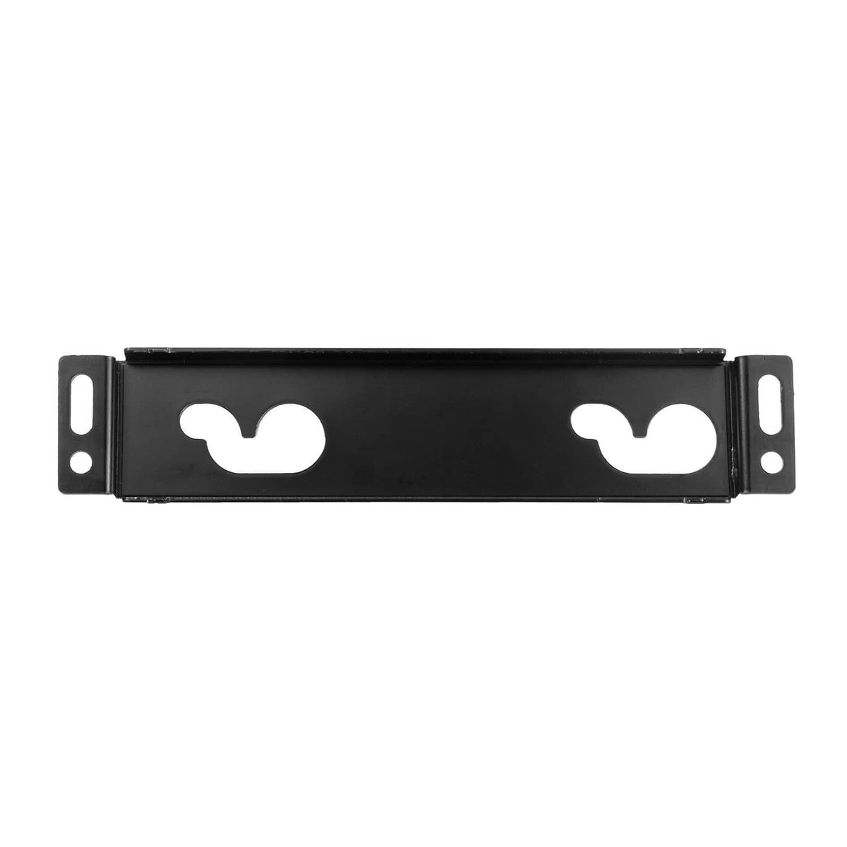Black soundbar wall mount bracket from side view with two large cutouts