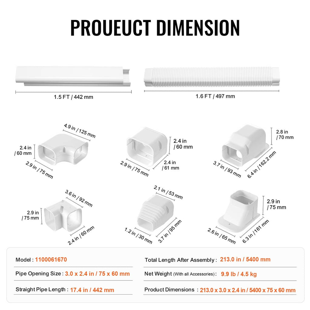 White PVC mini-split line set cover kit parts shown with size measurements and elbow fittings