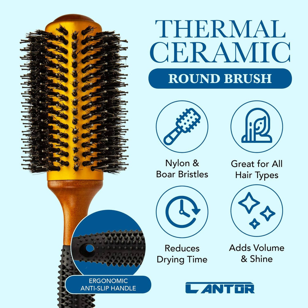 Thermal ceramic round hair brush with ergonomic anti-static handle and black bristles