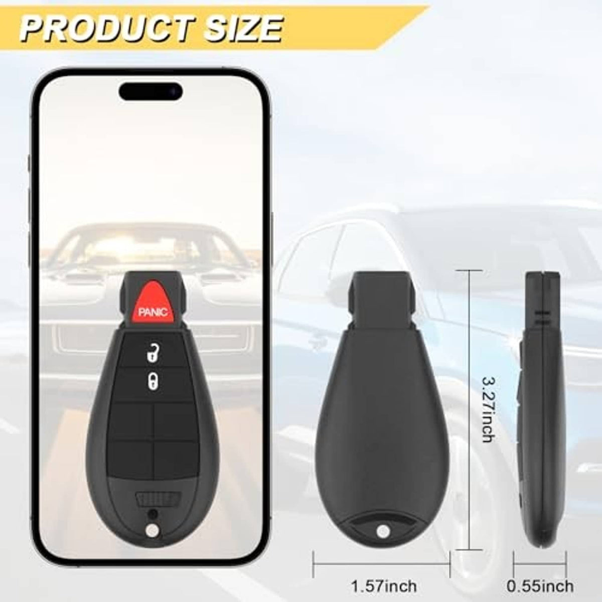Black key fob with red PANIC button and metal blade; size layout with side view