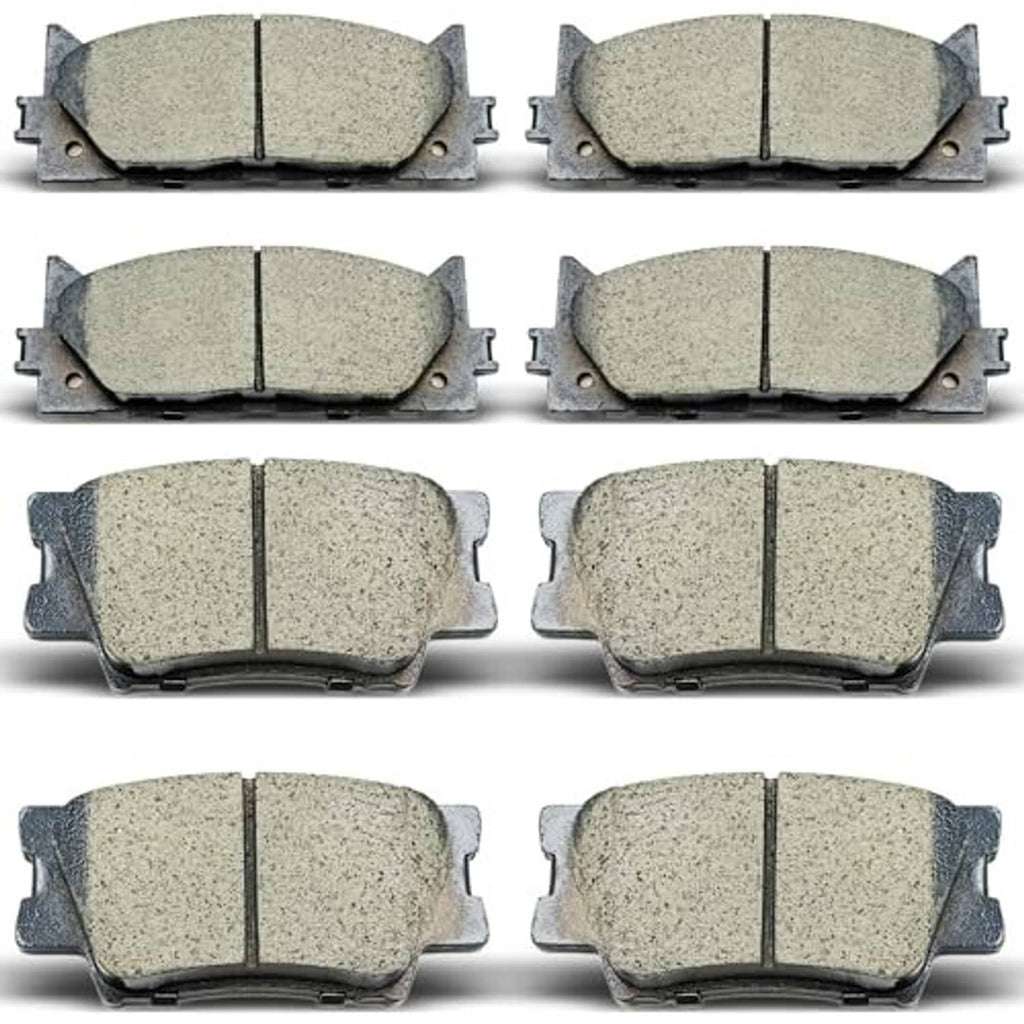 Eight-piece ceramic brake pads set shown from the front friction surface