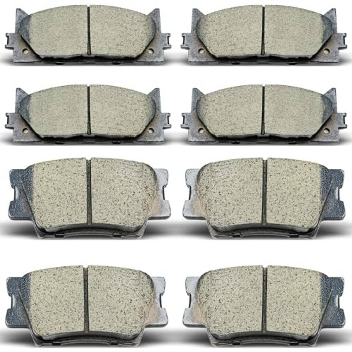 Eight-piece ceramic brake pads set shown from the front friction surface