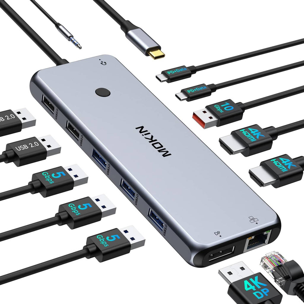 Metal gray 13-in-1 USB-C docking station with multiple ports and cable connections