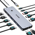 Metal gray 13-in-1 USB-C docking station with multiple ports and cable connections