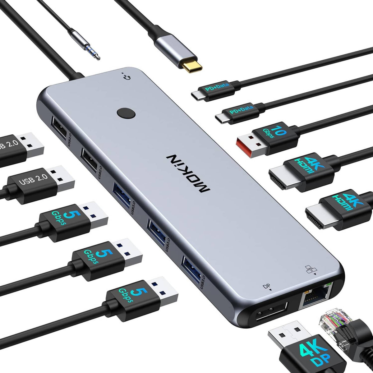 Metal gray 13-in-1 USB-C docking station with multiple ports and cable connections