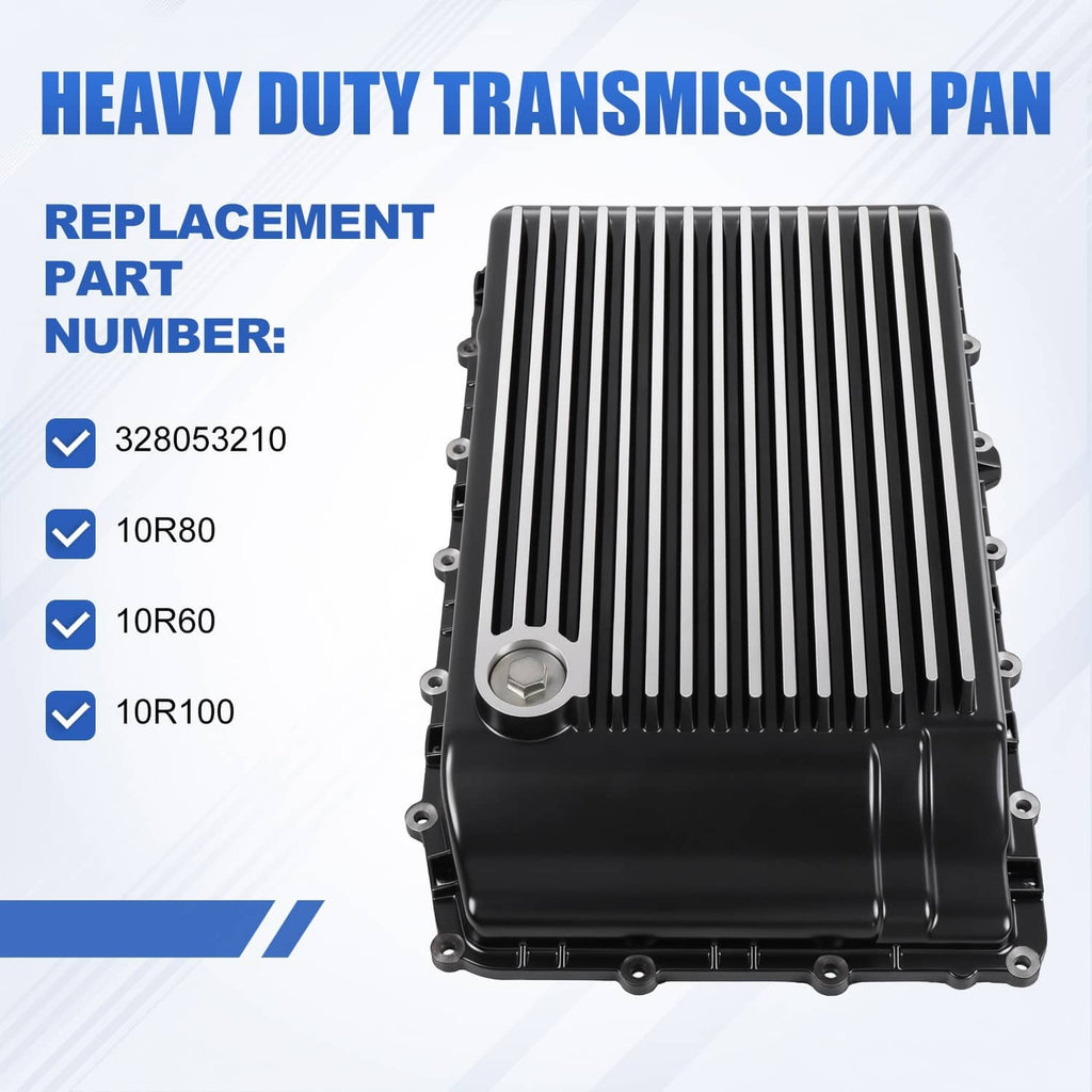 Black transmission oil pan with vertical cooling fins and hex plug