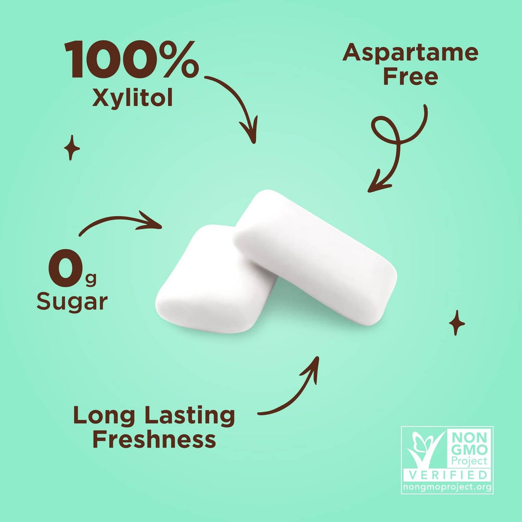 Xylitol gum pieces with 100% xylitol and aspartame-free callouts