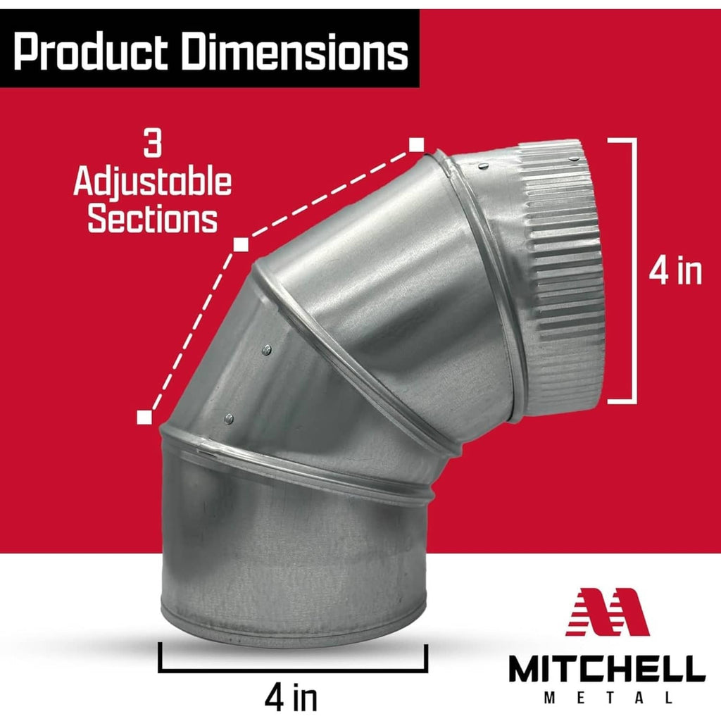 4 in adjustable 90° galvanized duct elbow with ribbed ring and black flanged end