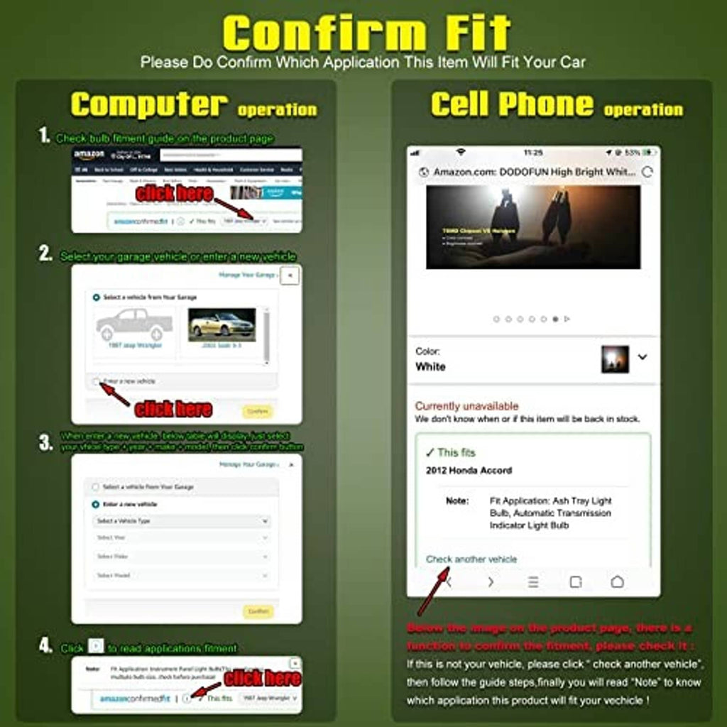 Vehicle fit confirmation guide with glowing LED bulb icons and application steps