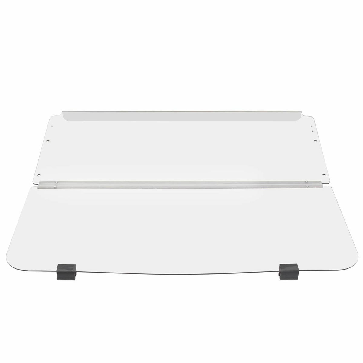 Clear folding windshield with black mounting brackets and top cover bar