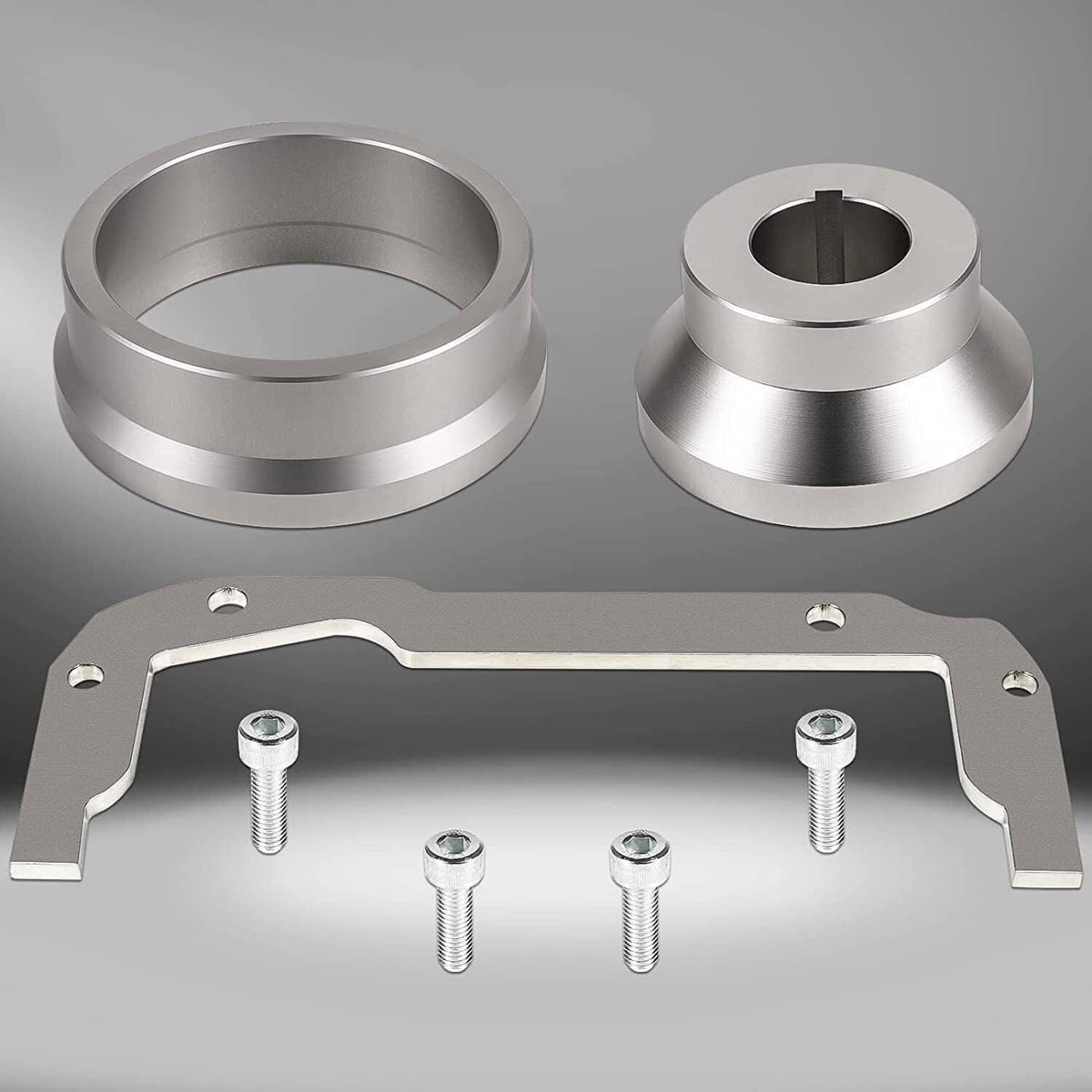 Oil pan alignment tool kit with two machined rings and metal mounting plate with bolts