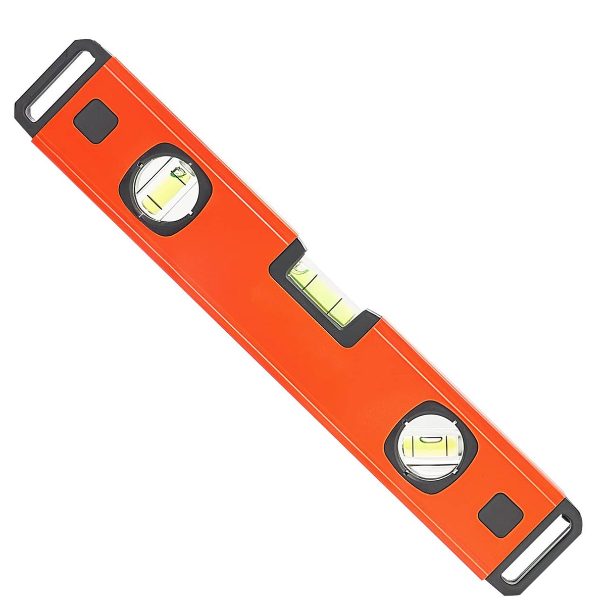 Orange torpedo level angled view with two vial bubbles in black-trim windows