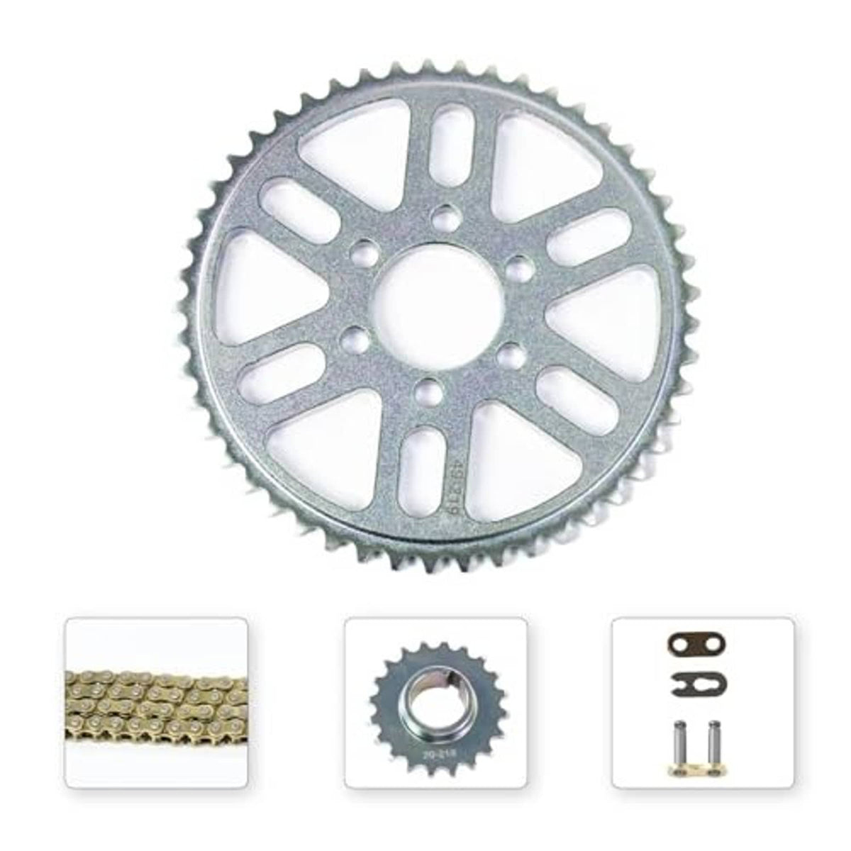 Sprocket wheel with gold roller chain and bolt hardware set