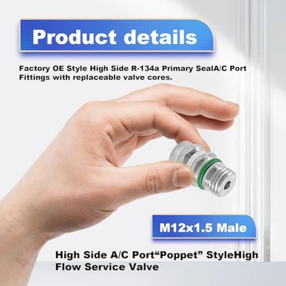 Refrigeration service valve fitting with M12x1.5 male thread, shown held in hand