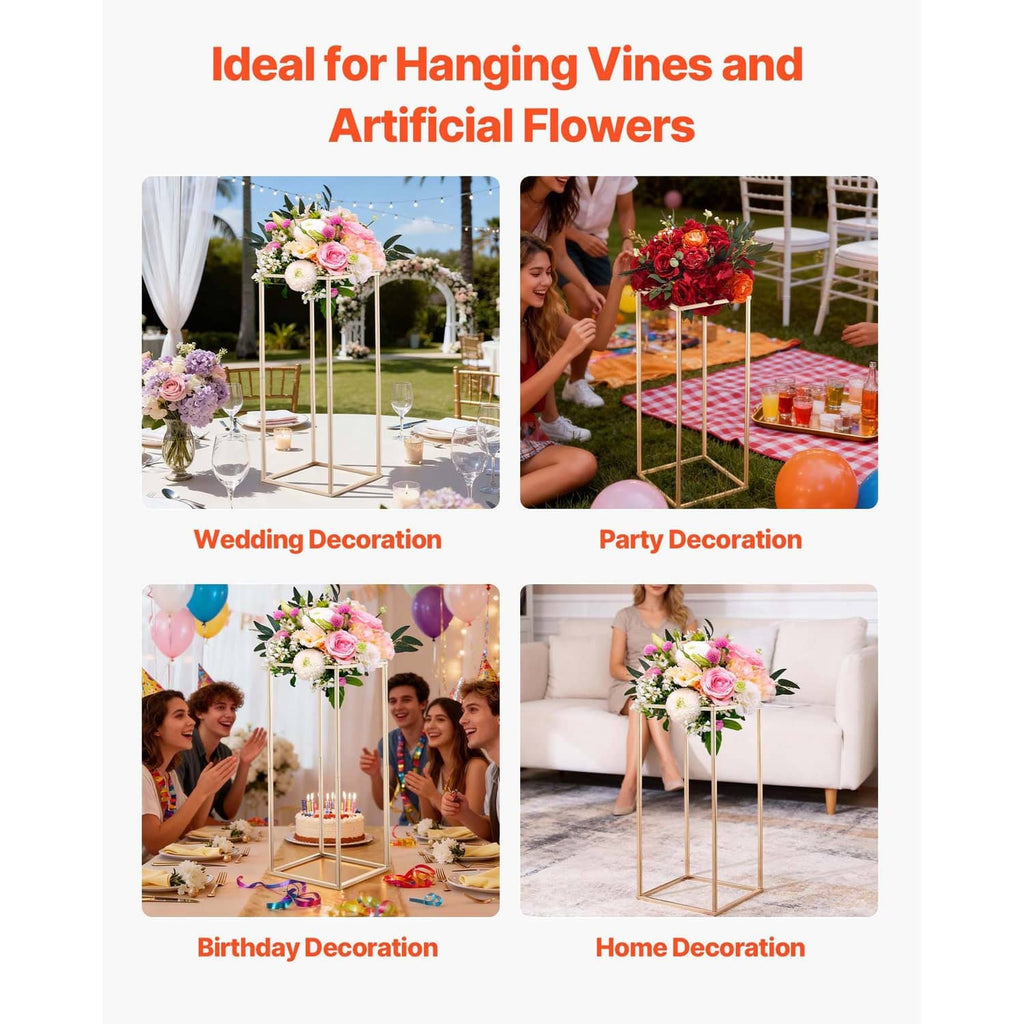 Gold flower stands shown for decorating with hanging vines and artificial flowers