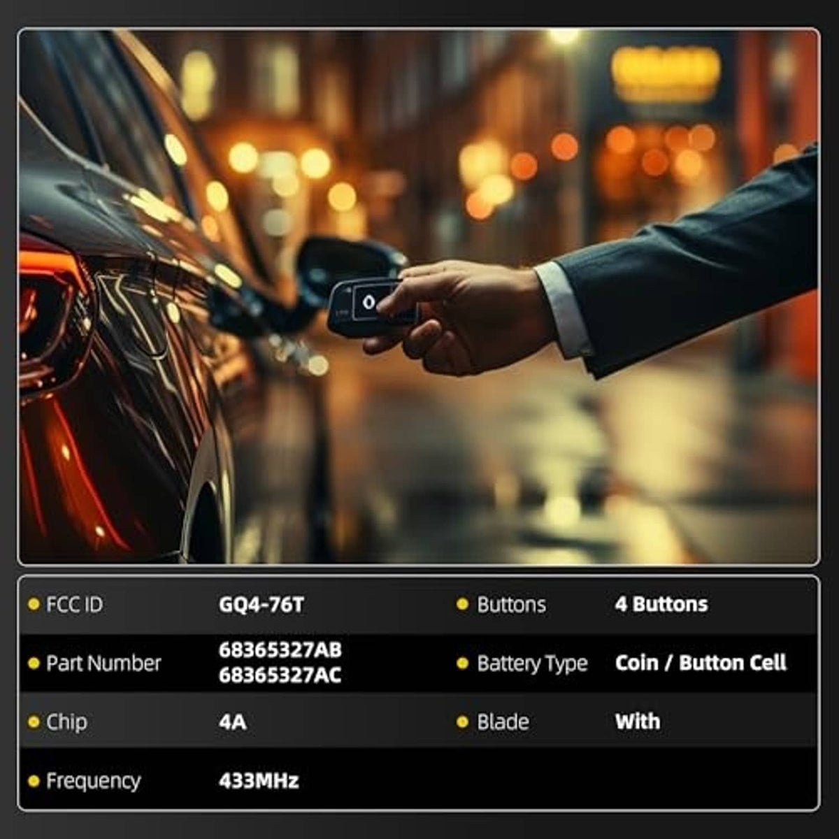 Hand holding black 4-button car remote key fob with metallic key-ring housing