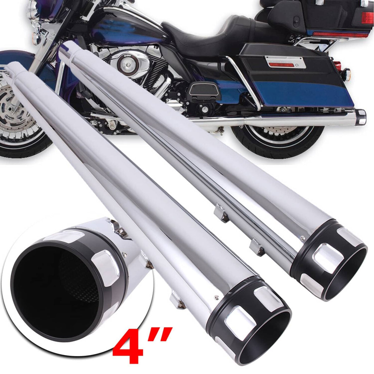 Two chrome slip-on exhaust mufflers with black end caps shown side by side