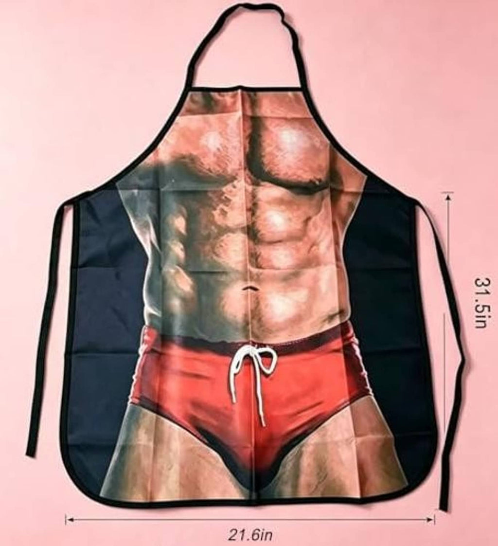 Muscle-man print kitchen apron with black ties; size 21.6 in by 13.6 in