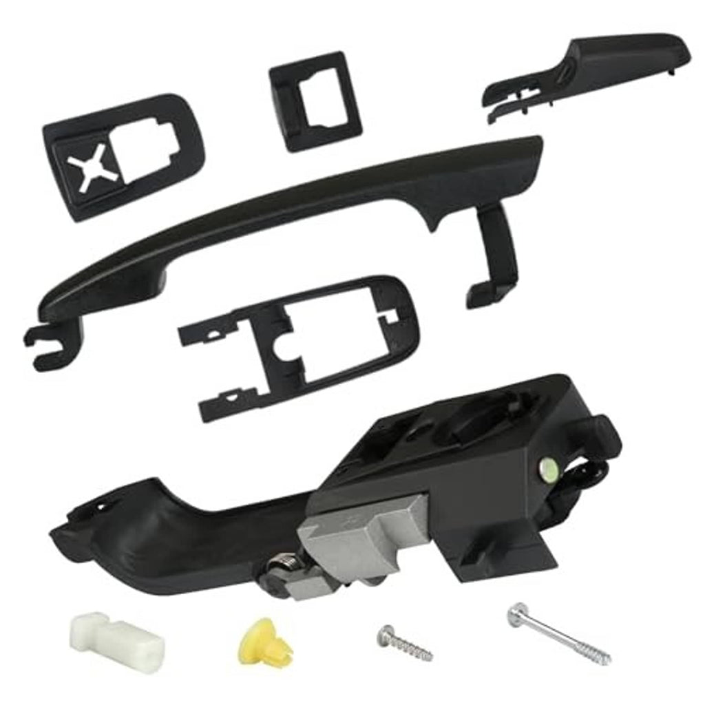 Black door handle components set, including latch frame and mounting screws with caps
