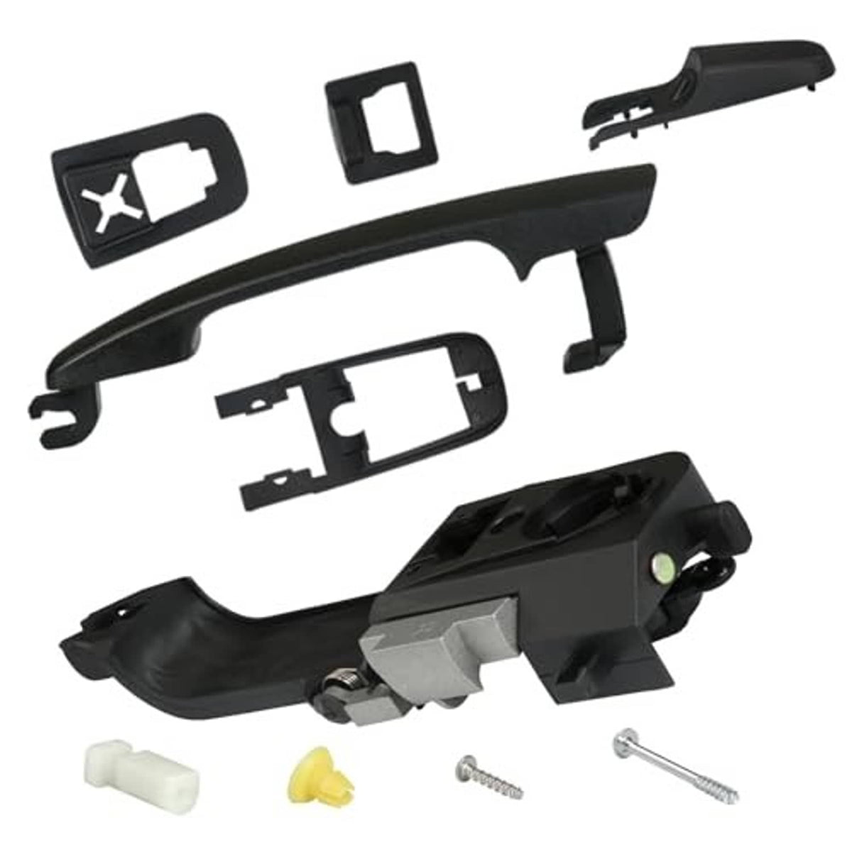 Black door handle components set, including latch frame and mounting screws with caps
