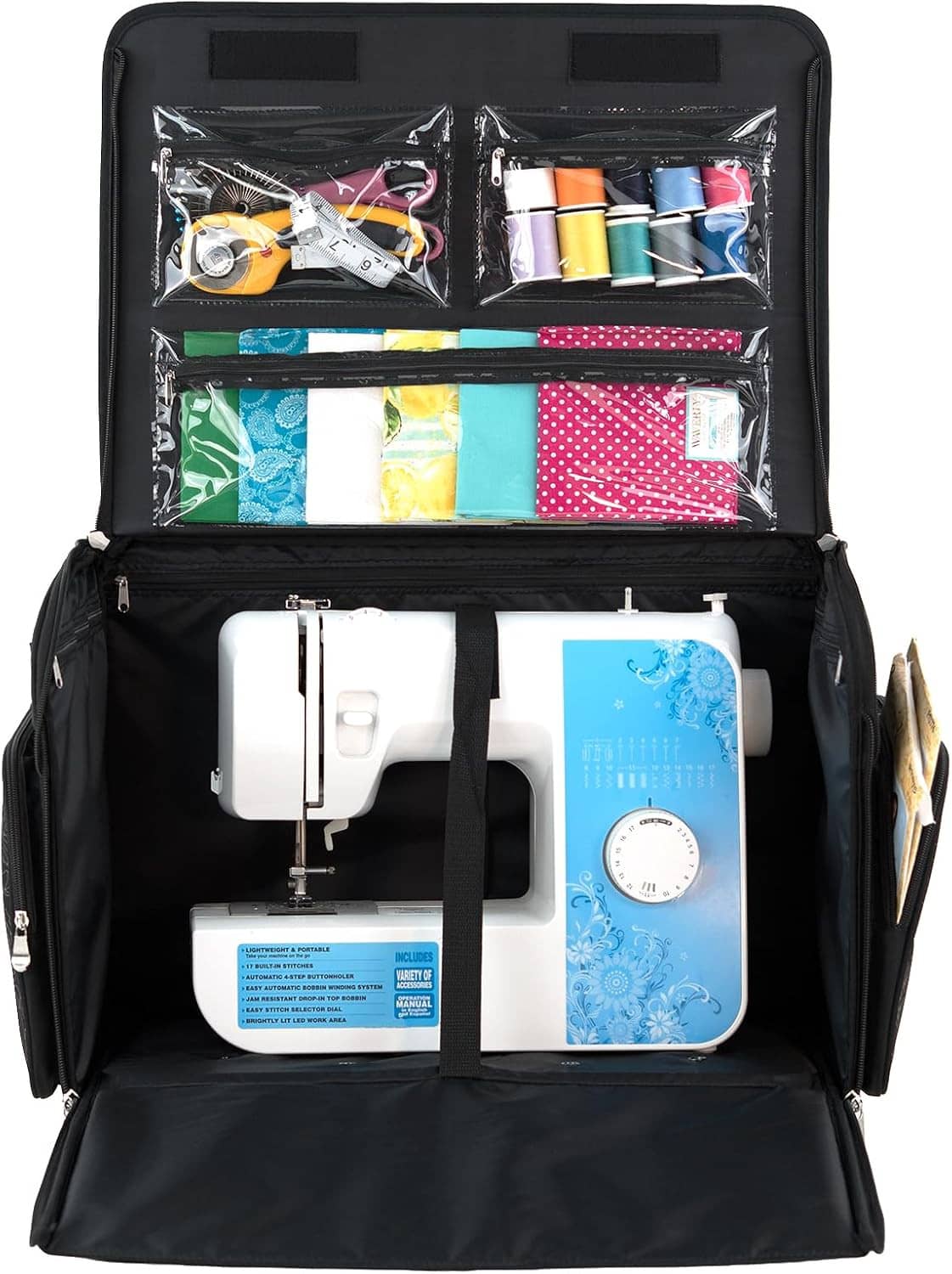 Rolling sewing machine storage case open with colorful fabric pockets and tool compartments