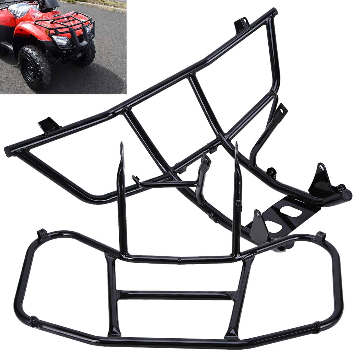 Black front rack bumper frame with curved guard and mounting hooks