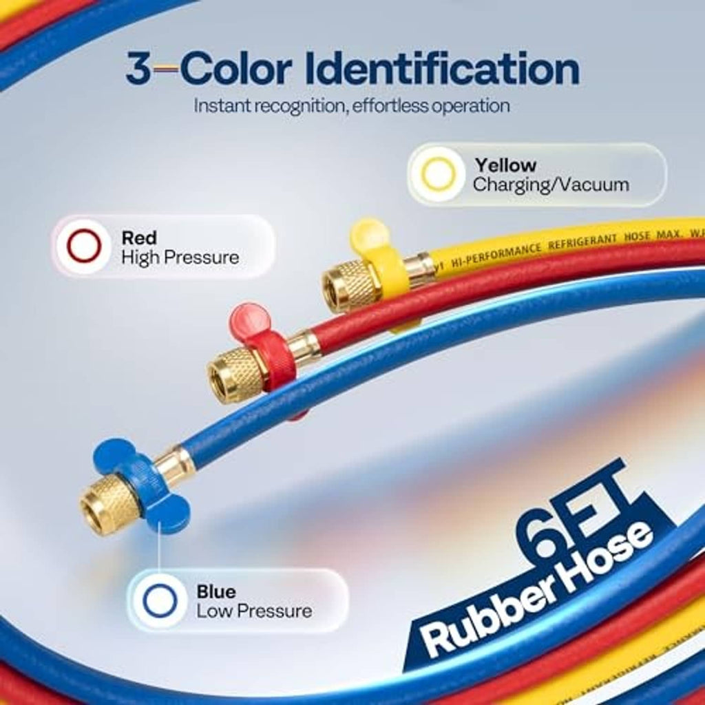 Color-coded refrigerant hoses: red high pressure, blue low pressure, yellow charging/vacuum