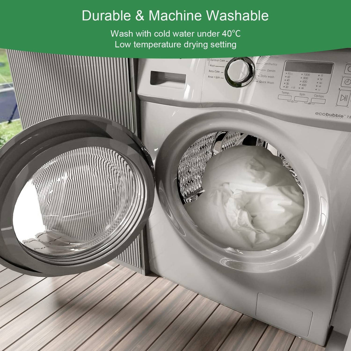Waterproof mattress protector being machine washed in a washer drum