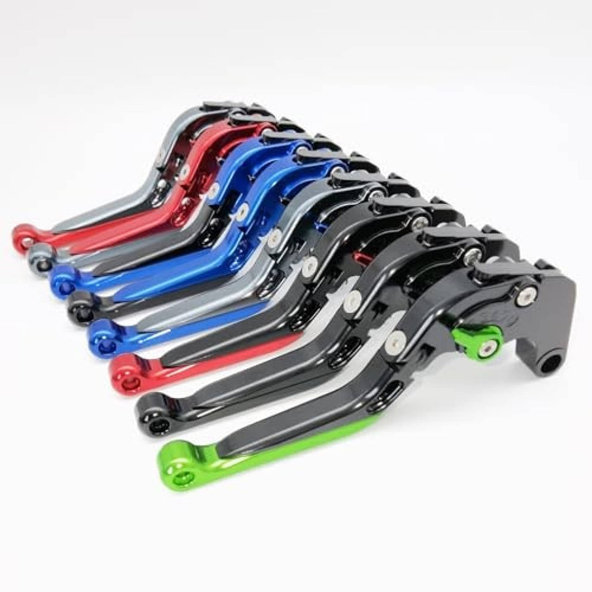 Multi-color motorcycle folding extendable brake and clutch levers: red, blue, black, green