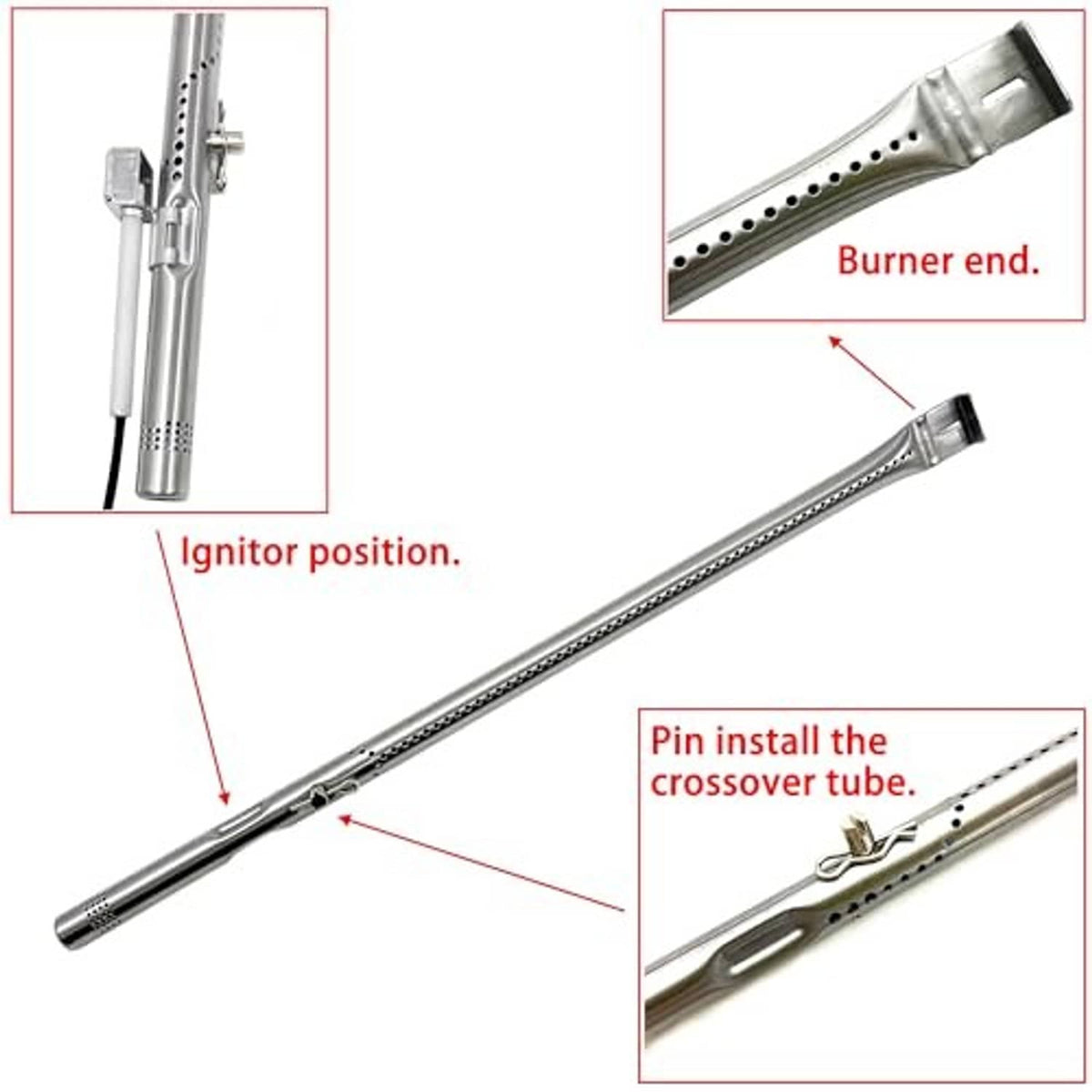 Stainless grill burner tube showing ignitor end, crossover pin area, and mounting clips