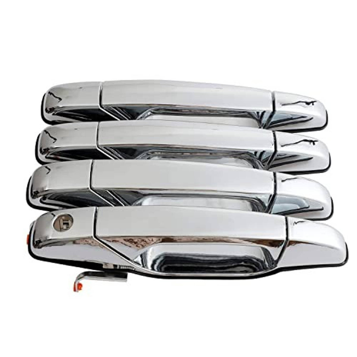 Chrome exterior door handles set, four polished metal handles shown from front angle