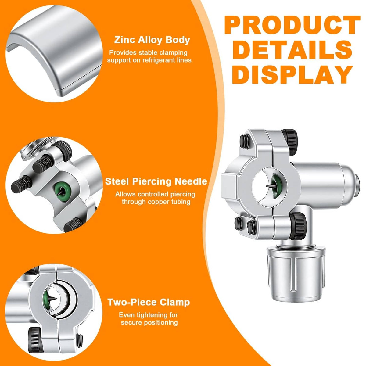 Silver bullet piercing valve with zinc alloy body, steel piercing needle, and clamp
