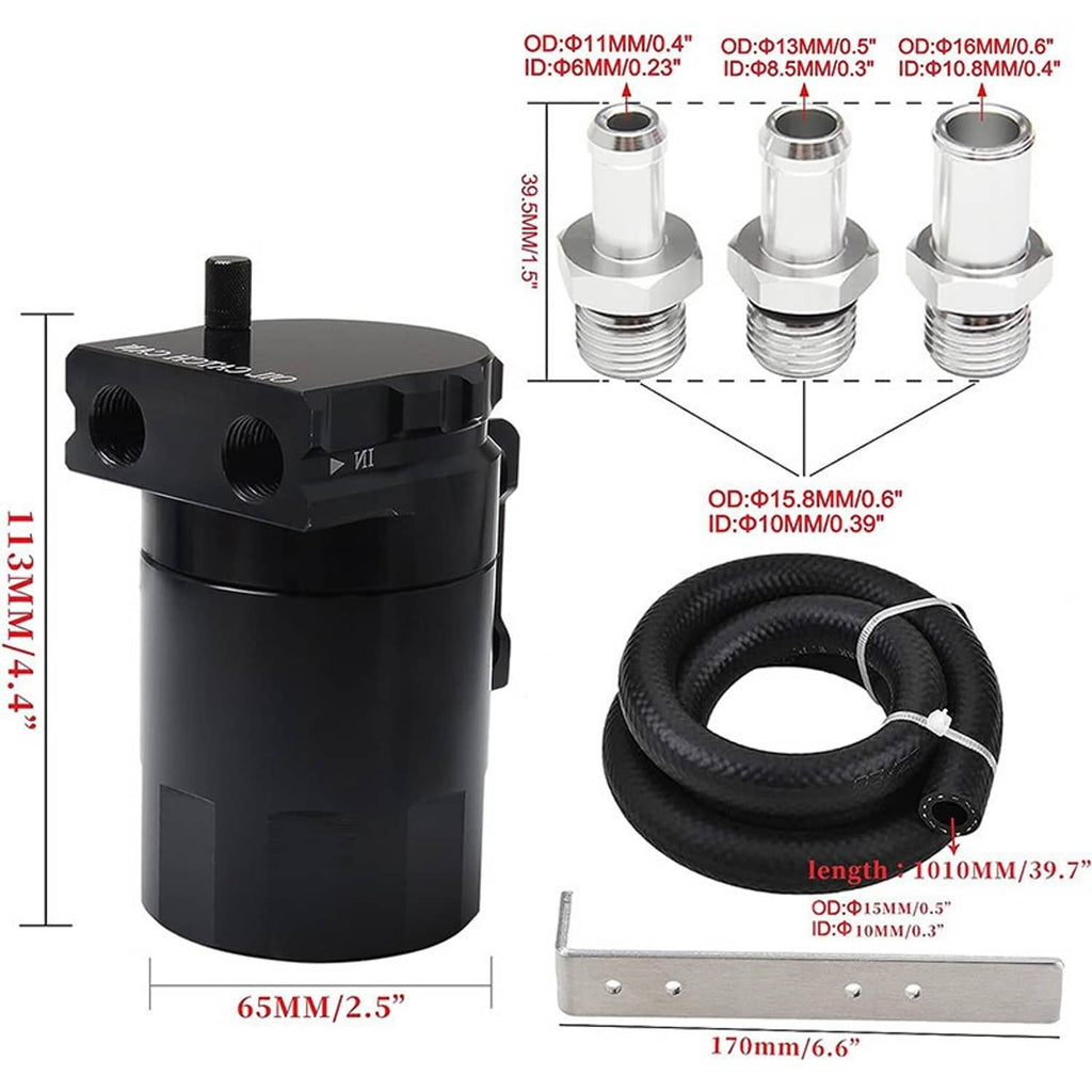 Black oil catch can with dipstick, braided hose, and mounting bracket with included fittings