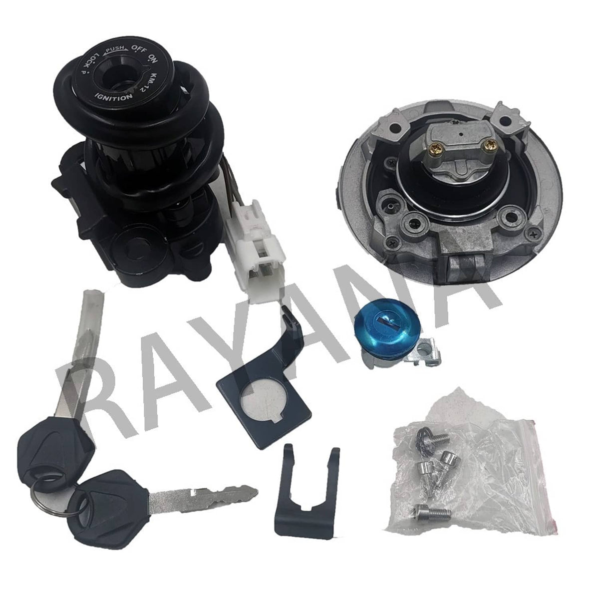 Black ignition switch and gas cap with keys, blue knob, and metal contact parts
