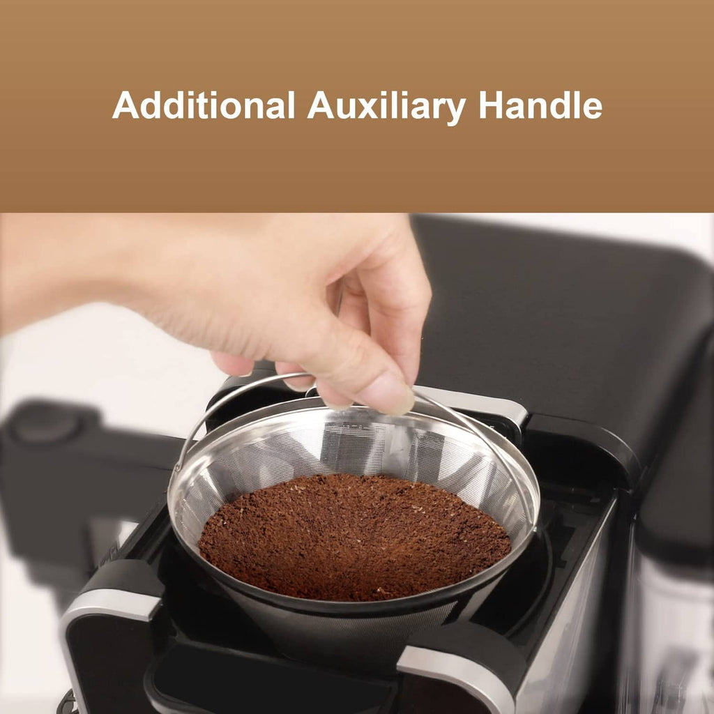 Hand filling stainless steel reusable coffee filter with coffee grounds